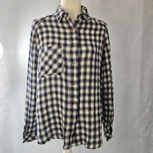 EDEN MUNA Sz L Navy Blue & Cream Plaid Gauze Boutique Button Up Lined